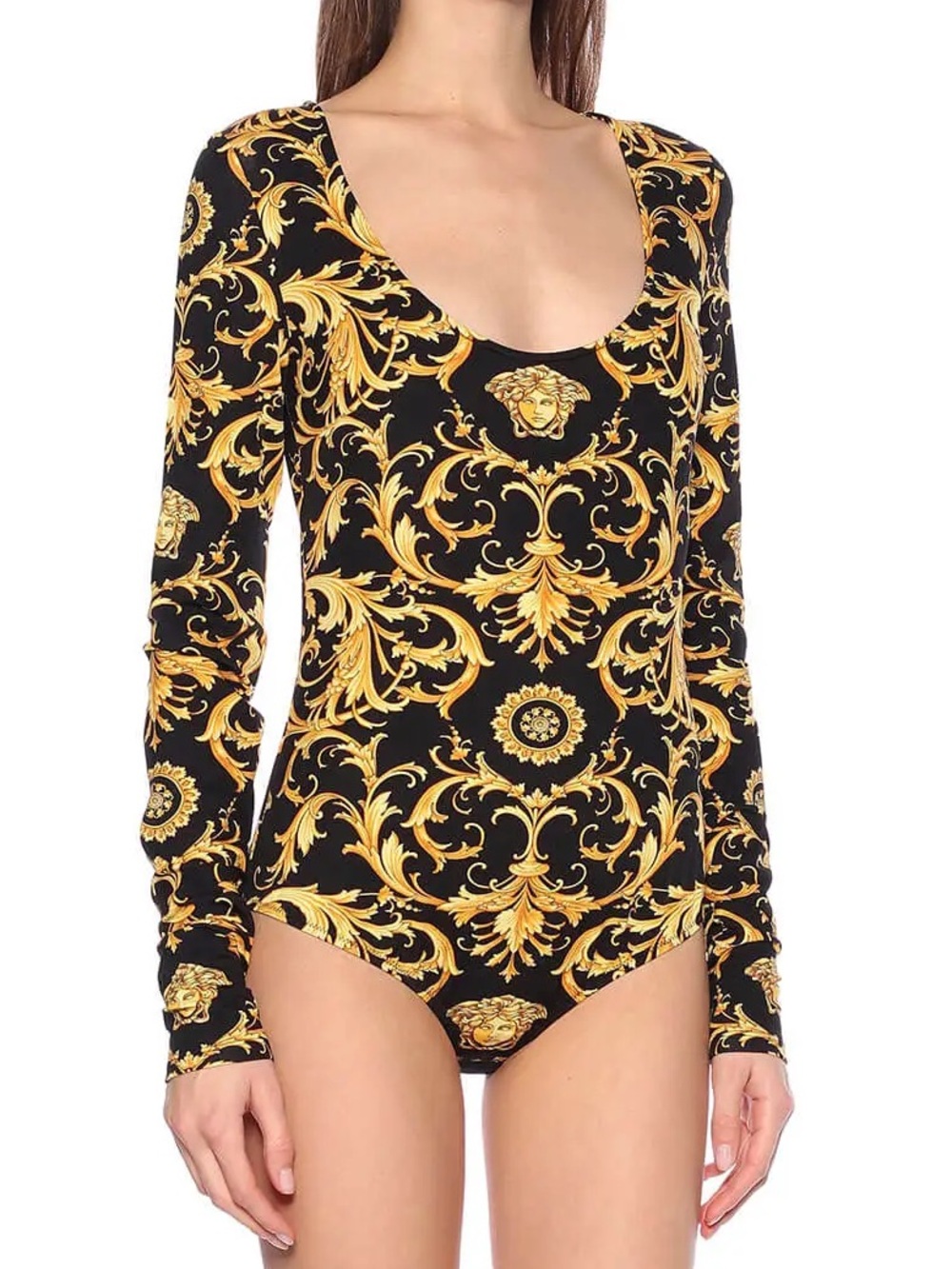 Versace Medusa Barocco Bodysuit Black/Gold Stretch Size 46 IT / 12 US